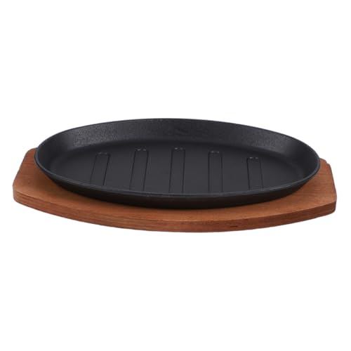 HIAKDOFT Plato de Hierro Fundido para Asar con Base de Madera Resistente al Calor Parrilla para Bistec y Barbacoa Bandeja para Fajitas y Presentación Elegante para Cocina y Reuniones