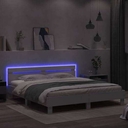 Iiaky Cama Madera 200 x 200 con LED Marco de la Cama de Plataforma Madera con cabecero Cama Doble con somier de láminas-Blanco-200 x 200 cm