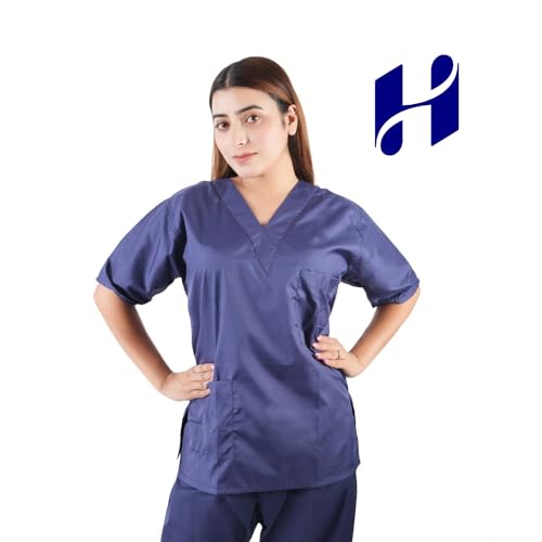 Image of Comfort Scrub Suit for Women - 5-Pocket Set with V Neck Top & Bottom, Half Sleeves, Breathable Fabric - Durable Uniform for Doctors, Nurses, and Dentists in Navy Blue (XL, NAVY BLUE)