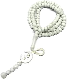 Islam Prayer Tasbih 99 Beads AMN-303 Muslim 8 mm. Rosary Bead Moon Star Decorated Tassels Haj Eid Ramadan Gift (White)