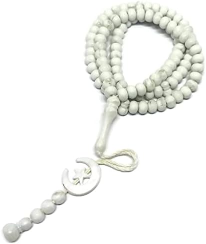 Islam Prayer Tasbih 99 Beads AMN-303 Muslim 8 mm. Rosary Bead Moon Star Decorated Tassels Haj Eid Ramadan Gift (White)