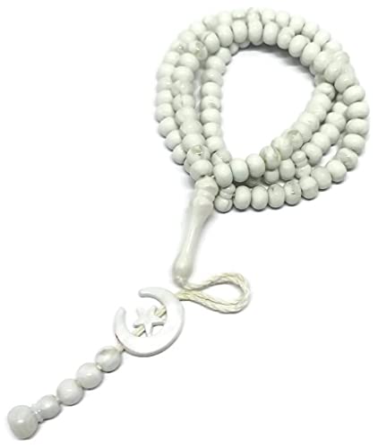 Islam Prayer Tasbih 99 Beads AMN-303 Muslim 8 mm. Rosary Bead Moon Star Decorated Tassels Haj Eid Ramadan Gift (White)