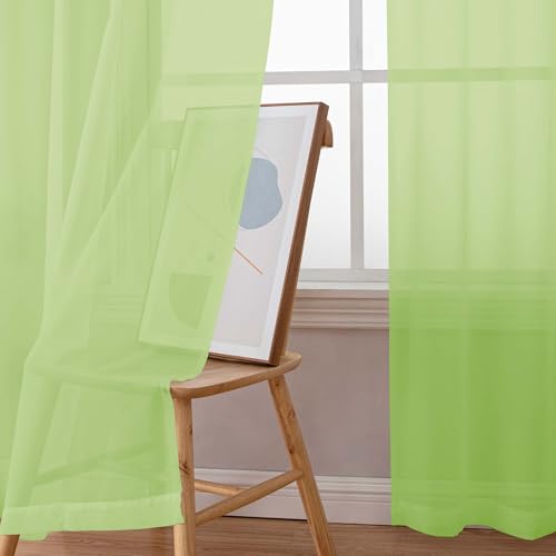 Image of Simplebrand Lime Short Sheer Curtains 45 Inch Length for Small Windows, Rod Pocket 2 Panels Set Solid Voile Drapes Window Sheer Curtains for Bedroom Bathroom Kids Room Kitchen, 42x45 Inch, Lime