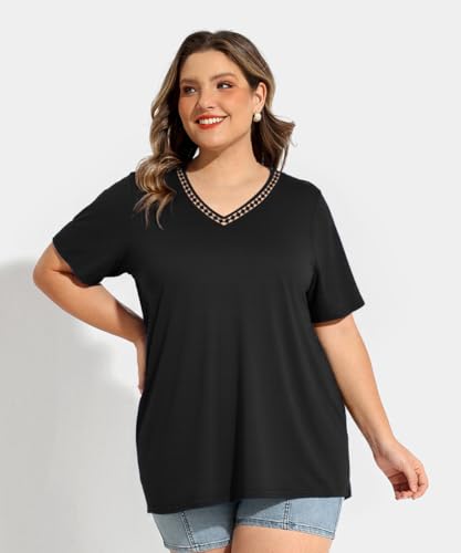 Image of RITERA Women Plus Size Tops Tie Dye V Neck Shirt Floral Camo Summer Short Sleeve Tunic Oversized Ladies Blouse XL-5XL