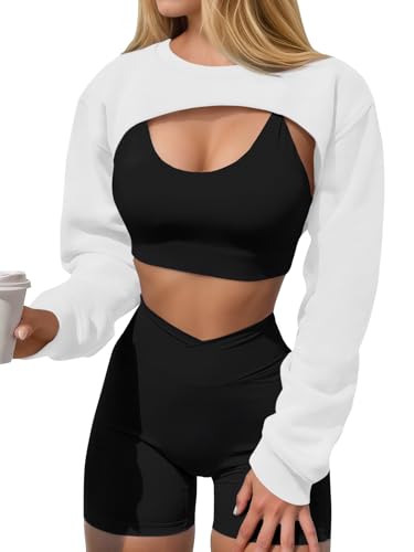 Yousify Womens Cropped Sweatshirt Shrugs Long Sleeve Workout Gym Cover Ups Bolero Shrug Y2k Super Crop Tops White