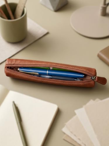 Image of Calfnero Genuine Leather Pen-Case for Men & Women | Premium Leather Pencil-Pouch with Zipper (Tan) | Cylindrical Pen-Holder Organizer for Pen, Pencils & Stationery | Unisex Pen-Sleeve