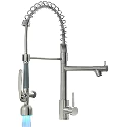 Fapully Commercial Pull Down Sprayer Brushed Nickel Kitchen Faucet | Single Handle Kitchen Sink Faucet with LED Light