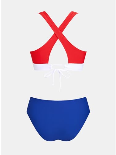 CUPSHE Damski zestaw bikini z dekoltem w kształcie litery V, dwuczęściowy strój kąpielowy, Niebieski/czerwony/biały., L