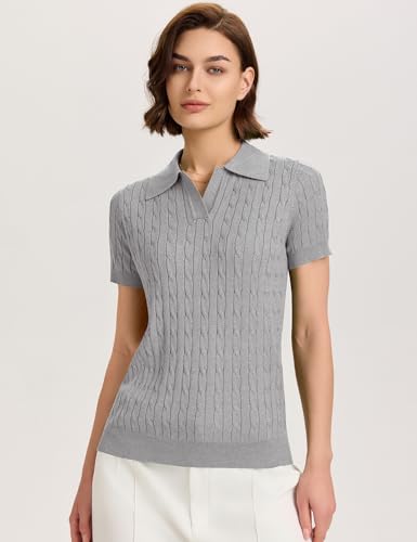 Image of Micoson Womens Short Sleeve Sweater Tops Lapel V Neck Polo Shirts 2026 Summer Cable Knit Loose Blouse Business Casual Outfits