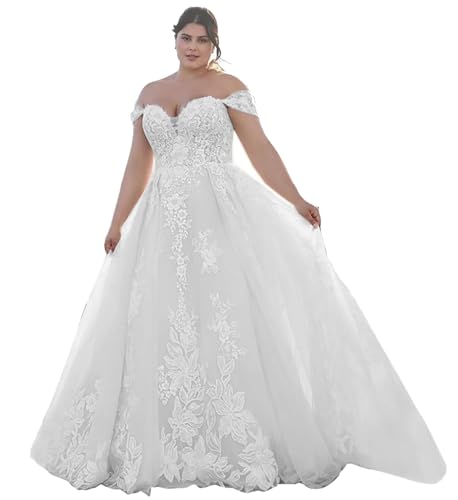 Amazon.com: Plus Size Wedding Dress for Women Sweep Train Ivory A Line Ball  Gowns Lace Applique Tulle Bridal Gowns 2025 : Clothing, Shoes & Jewelry