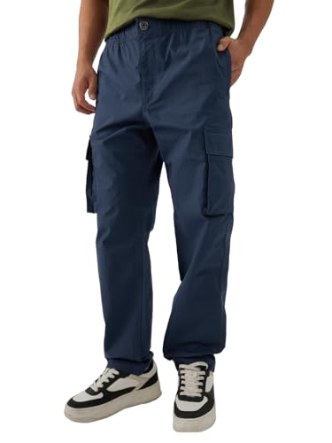 Image of The Souled Store Navy Blue Men and Boys Buttoned Straight Fit Cargo Ripstop Joggers
