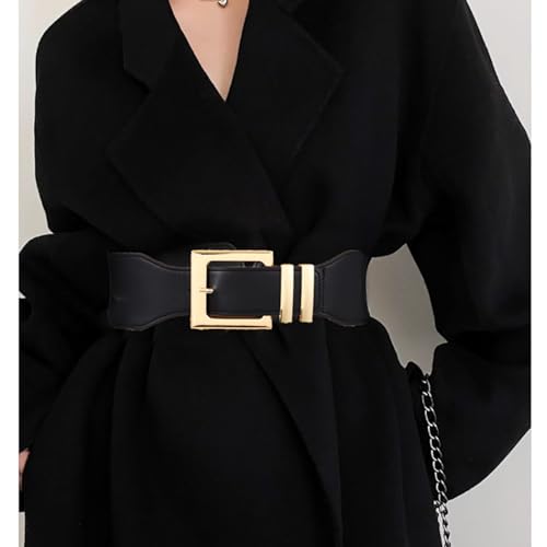 Black Belt with Gold Buckle Wide Black Belt for Dress Wide Elastic Belts Wide Stretchy Belts for Women4