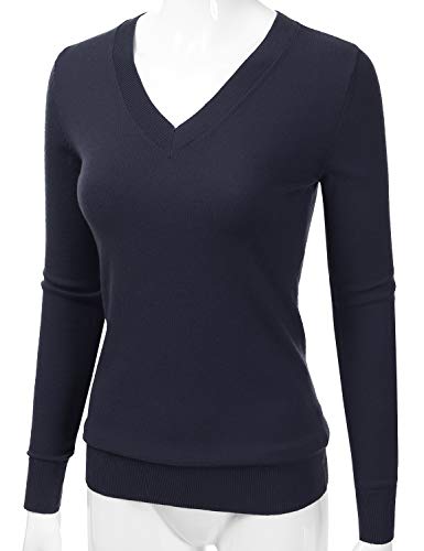 Image of EIMIN Women's Long Sleeve V-Neck Slim Fit Pullover Soft Knit Top Sweater Navy S