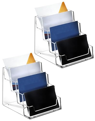 QWORK® 2 Stück Acryl Visitenkartenhalter mit 4 Fächern, Großem Fassungsvermögen und Transparentem Visitenkartenständer für Büro, Einzelhandel und Schreibtischaufbewahrung