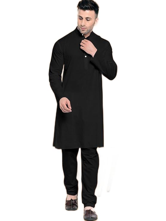 Black Solid Cotton Long Kurta with Black Pyjama-image-25