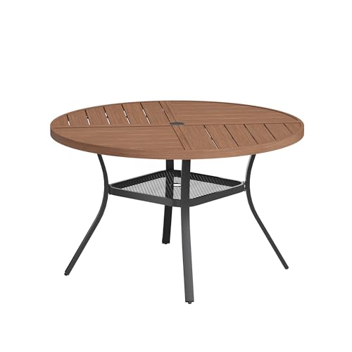 Image of VICLLAX Round Patio Table with Adjustable Umbrella Hole for 6, All Weather Metal Outdoor Dining Table for Lawn Garden, 47.2 inch Outdoor Coffee Table, Walnut Wood-Like Tabletop