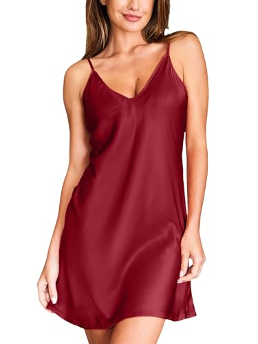 CUPSHE Women Satin Nightgown Full Slip V Neck Sexy Sleepwear Chemise Nightwear Lingerie Dress Wine Red，M
