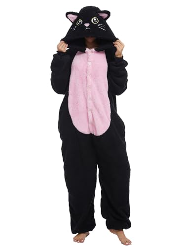 chuangminghangqi Einteiliger Schlafanzug Damen Lang Winter Einteiler Tierkostüm Erwachsene Kostüm Jumpsuit Damen Kuschelig Pyjama Fleece Onesie Kleidung Mit Kapuze(Schwarze Katze,M)