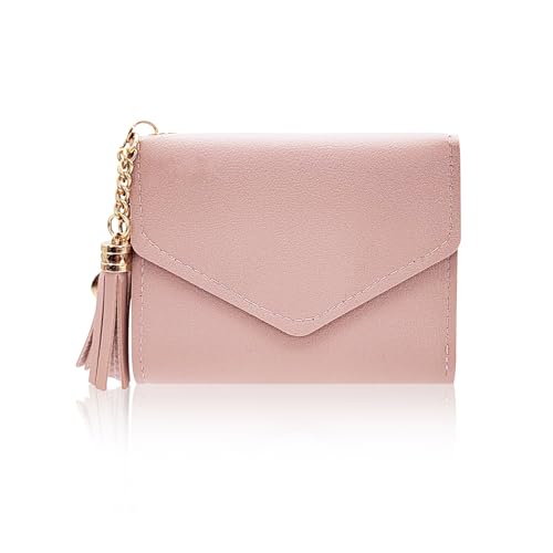 Small and Delicate PU Womens Wallet, Ladies Purse Zipper Button Design with Multiple Card Slots and Tassel Pendant for Shopping, Travel, Dating(Pink)2