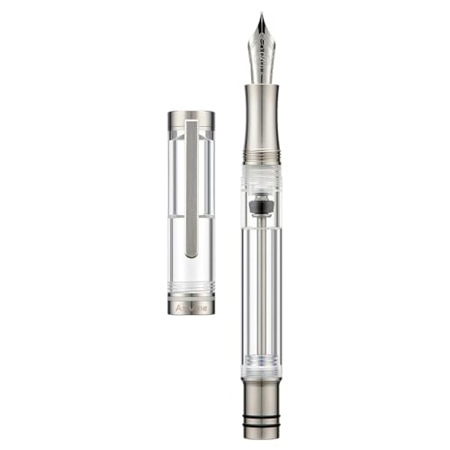 Image of Asvine V200 Titanium Fountain Pen Vacuum Filling, Bock Medium Nib Clear Transparent Acrylic Smooth Writing Pen Case Set