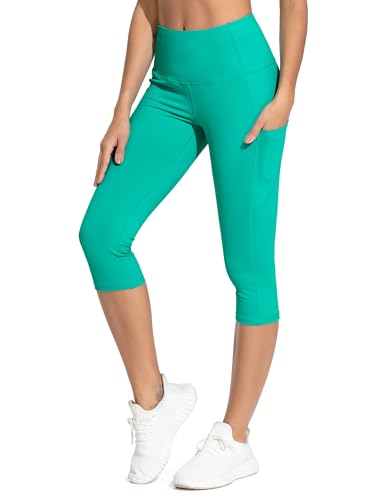 Image of THE GYM PEOPLE Thick High Waist Capris Yoga Pants with Pockets, Tummy Control Workout Running Yoga Leggings for Women