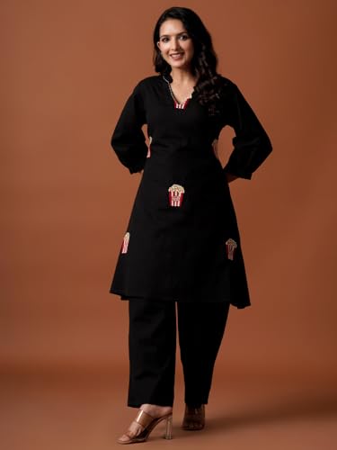 Image of INDO ERA Women's's Pure Cotton Embroidered Kurta Women | Floral Neck & Hem Embroidery | Cotton Kurta Women |
