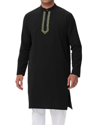 NANAMEEI Mens Kaftan Button Down Men Kurta Thobe Long Sleeve Robe Cotton Linen Muslim Caftan M-3XL