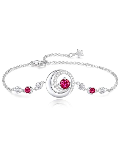 FANCIME Ruby Bracelet July Birthstone Bracelets for Women Sterling Silver Moon and Star Red Gemstone Jewelry Birthday Graduation Mothers Day Gifts for Women Mom Her