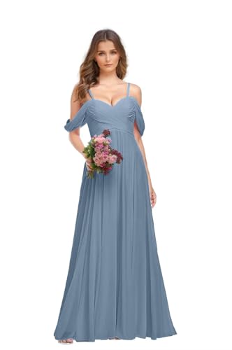 Women's V Neck Spaghetti Straps Bridesmaid Dresses Off Shoulder Long Wedding Guest Dress with Pockets