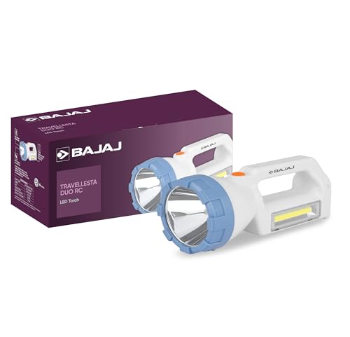 Image of Bajaj Travellesta 3W Duo RC LED Torch | Dual Lighting Mode | USB C-Type Charging | 6 Months - Warranty (Pack of 1, White and Blue)