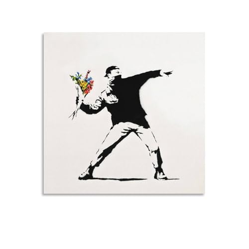Banksy Poster sur toile homme jetant fleurs 70x70 cm eviter mur vide
