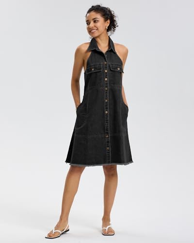 Locachy Women's Summer Sleeveless Halter Neck Button Down Denim Dress Casual A-Line Jean Shirt Dresses4