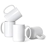 Smilatte 450ml Porcelain Coffee Mugs, Classic Blank Ceramic Cup with Large Handle for Tea Latte Cappuccino, Set of 4, White