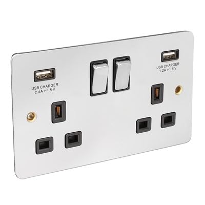 Axiom Double Socket with Twin USB Ports, Chrome Finish with Black Inserts, Flat Plate Design, FSSK2/CB/USB Model
