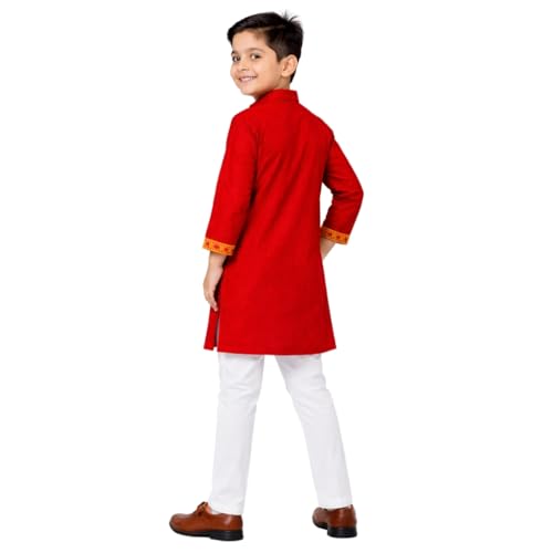 Image of Kurta Pajama for Kids Boys - Jamdani Border Kurta and Elastic Waist Pyjama Set