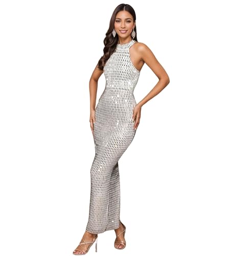 Image of Jigfar Women Sexy Elegant Rhinestone Halter Party Night Bodycon Formal Maxi Dress(FK3521,White,L)