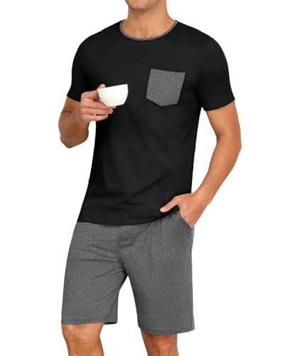 Image of PrinStory Mens Summer Pajamas Set Lightweight Pjs Sets Short Sleeve Pajama Shorts Set Soft Sleepwear Loungewear with Pockets