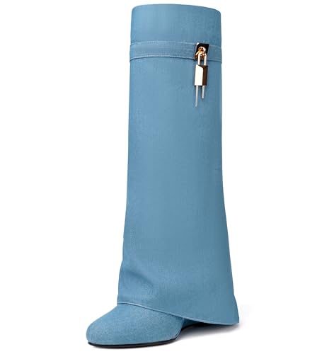 Image of Fold Over Boots for Women Pointy Pull-on Wedge Heel Knee Shark Boot With Side Zipper Padlock Design
