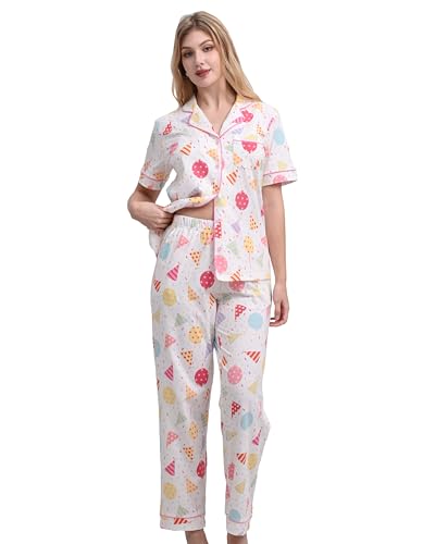 Image of NAP BOUND 100% Cotton Women's Pajama Sets Short Sleeve Button Down Soft Pjs 2 Piece Lounge Set with Pocket Nightwear XS-XXL