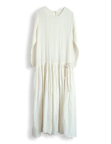 Womens Summer Gauze Cotton Long Sleeve Round Neck Drawstring Waist Casual Maxi Tunic Dresses2