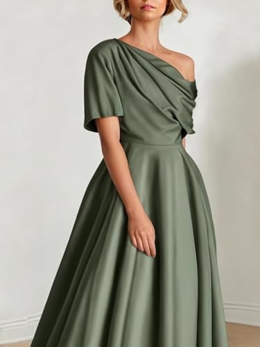 Satin Tea Length Mother of The Bride Dresses One Shoulder A Line Bridesmaid Dress3