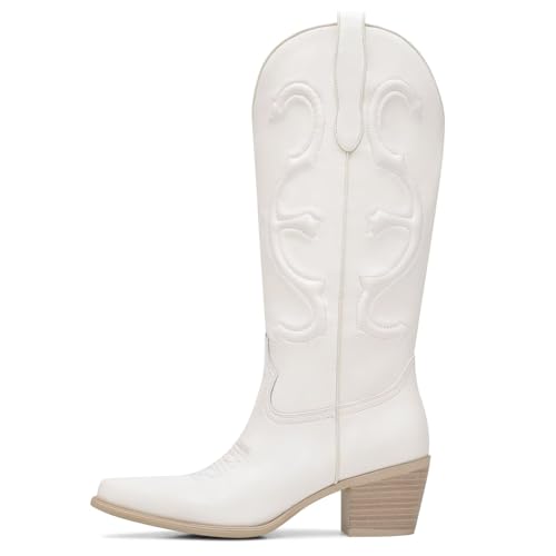 Cowboy Boots for Women Embroidered Mid Calf Chunky Block Heel Pull On Western Cowgirl Boots2