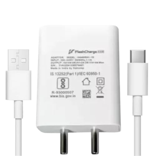 Image of Flash Charging 44 Watt Charger Adapter And Cable Compatible With Vi-Vo Y58 5G,T3 5G,T3X 5G,Y28S 5G,Y28 5G,Y22,Y21T,Y28E 5G,Y200E 5G,T3 Lite,Y30 Cellular Phone(Adapter And Cable)