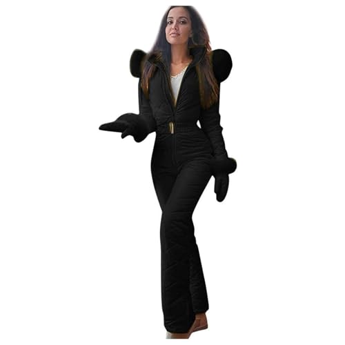 Traje de nieve de una pieza para mujer, impermeable, resistente al viento, trajes cálidos para exteriores, ropa larga para invierno, mamelucos aislados con cinturones y guantes, juego de tres, A negro