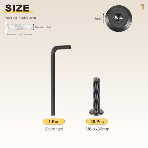 Image of METALLIXITY Flat Head Hex Socket Cap Screws Bolts(M6-1x30) 20Pcs, with Wrench Steel Hex Socket Furniture Bolts Screws - for Furniture Woodworking Project, Black Tone