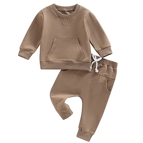 Image of Mubineo Infant Baby Boy Girl Fall Winter Sweatshirt Pant Outfits Toddler Long Sleeve Tops Clothes Set (Khaki, 6-12 Months)