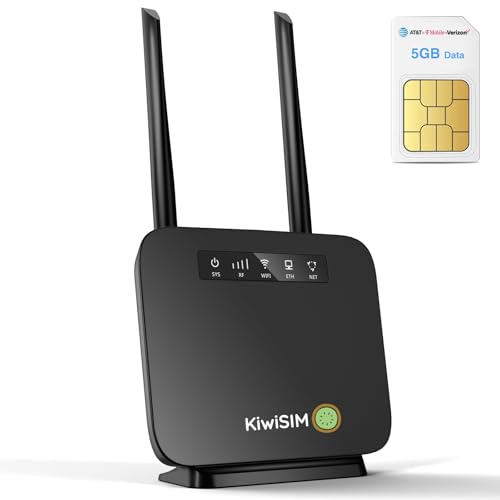KiwiSIM 4G LTE WiFi Router with 5GB Data Card, Portable Modem WiFi Router, 300Mbps WiFi, Supports Verizon, AT&T and T-Mobile, 3000mAh Battery, WiFi Mobile Hotspot Router for Home/Office/RV/Camping KiwiSIM 4G LTE WiFi Router with 5GB Data Card, Portable Modem WiFi Router, 300Mbps WiFi, Supports Verizon, AT&T and T-Mobile, 3000mAh Battery, WiFi Mobile Hotspot Router for Home/Office/RV/Camping