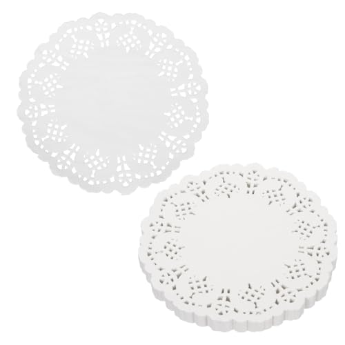 sourcing map 150pcs Lace Paper Doilies 3.5 Inch White Round Disposable Decorative Paper Placemats Hollow Flower Absorbing Papers for Cakes Desserts Food Decoration Wedding Birthday
