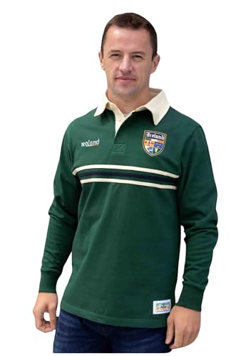 Retro Irish Men's Rugby Shirt with Contrast Chest Cut 'n' Sew Stripes and a Contrast Collar, 100% Cotton, Made in Ireland (US, Alpha, Large, Regular, Regular, Green)