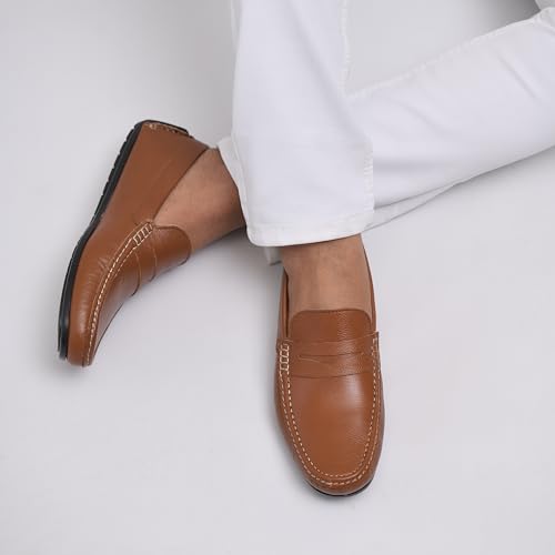 Image of Handmade Premium Genuine Leather Formal Loafers Shoes for Men | Comfortable Casual Slip on Moccasins | Tan Brown Office Dress Loafers